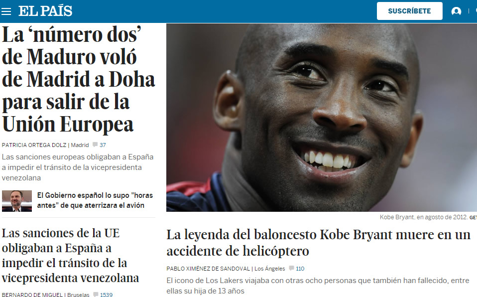 Un hecho que sacudió al mundo: La muerte de Kobe Bryant en las portadas más importantes de todo el mundo.
