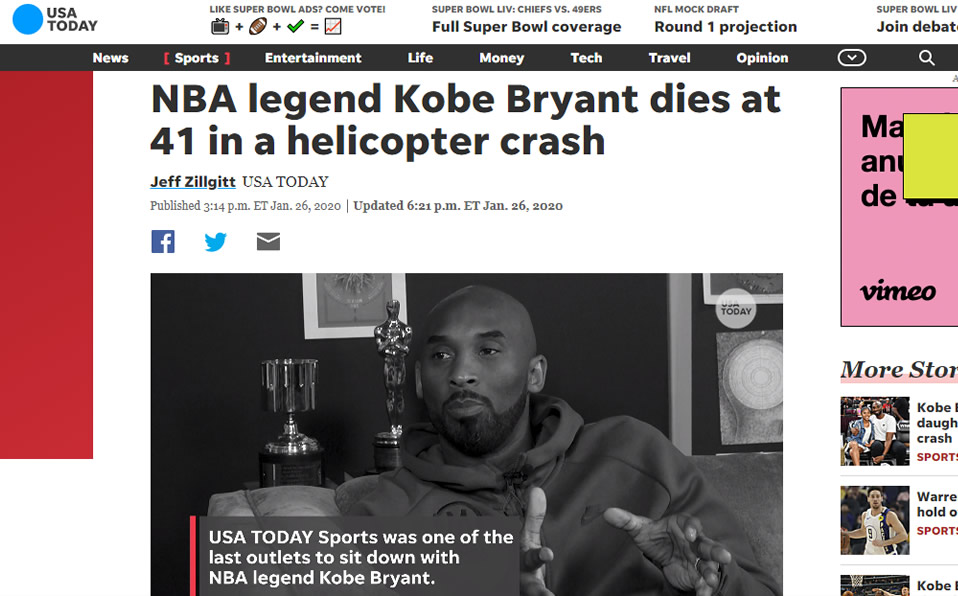 Un hecho que sacudió al mundo: La muerte de Kobe Bryant en las portadas más importantes de todo el mundo.