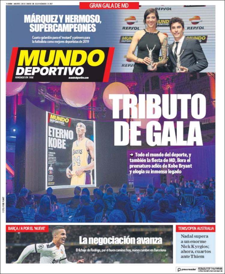 Portadas de diarios deportivos del mundo del 28 de enero del 2020