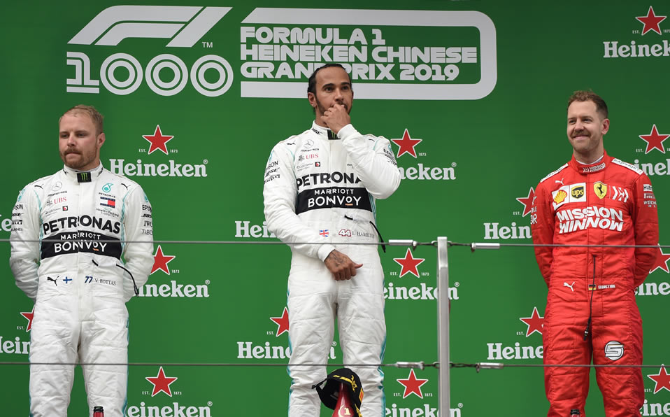 Este fue el podio del GP de China del 2019. En 2020, el evento se ha aplazado por el coronavirus. Foto: AFP