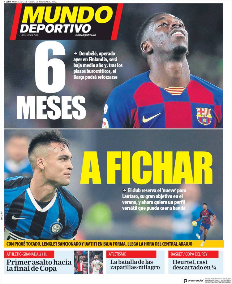 Portadas de diarios deportivos en el mundo del 12 de febrero de 2020
