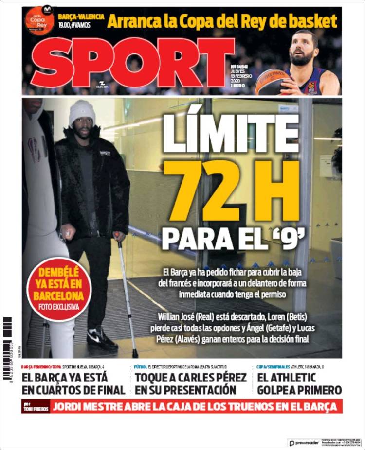 Portadas de diarios deportivos en el mundo del 13 de febrero de 2020
