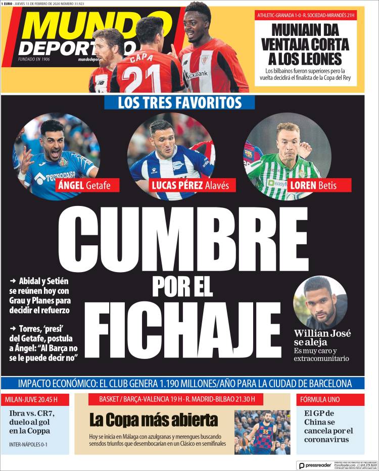 Portadas de diarios deportivos en el mundo del 13 de febrero de 2020