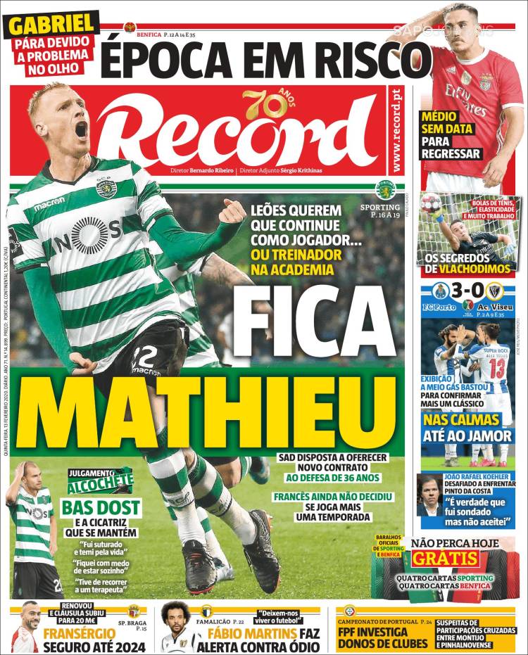 Portadas de diarios deportivos en el mundo del 13 de febrero de 2020