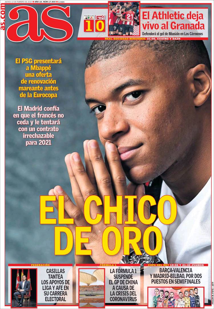 Portadas de diarios deportivos en el mundo del 13 de febrero de 2020
