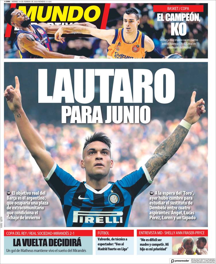 Portadas de diarios deportivos en el mundo del 14 de febrero de 2020