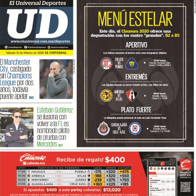 Portadas de diarios deportivos en el mundo del 15 de febrero de 2020