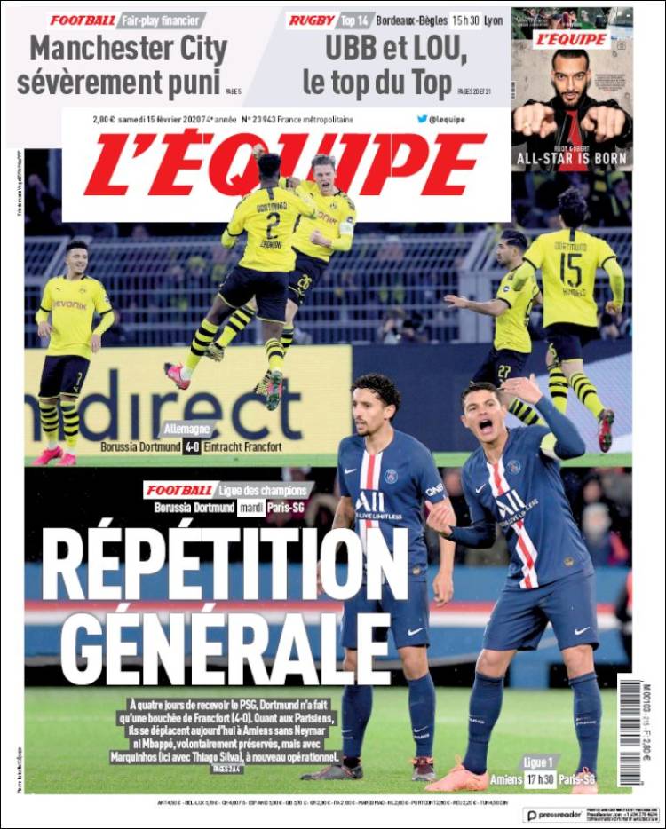 Portadas de diarios deportivos en el mundo del 15 de febrero de 2020