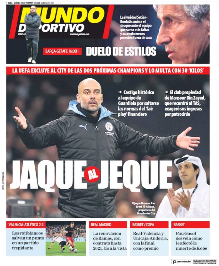 Portadas de diarios deportivos en el mundo del 15 de febrero de 2020