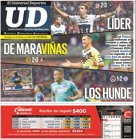Portadas de diarios deportivos en el mundo del 16 de febrero de 2020