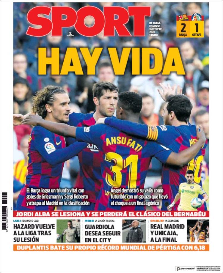 Portadas de diarios deportivos en el mundo del 16 de febrero de 2020