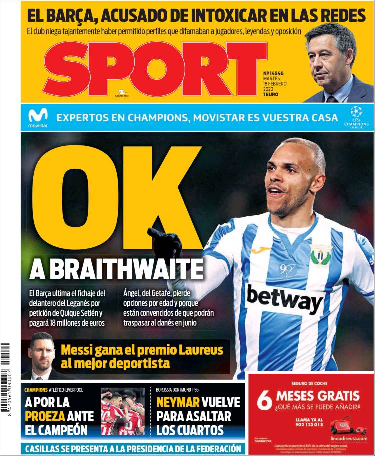 Portadas diarios deportivos en el mundo del 18 de febrero de 2020