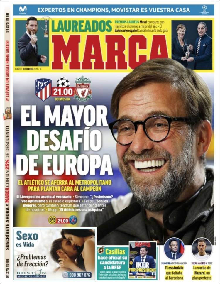 Portadas diarios deportivos en el mundo del 18 de febrero de 2020