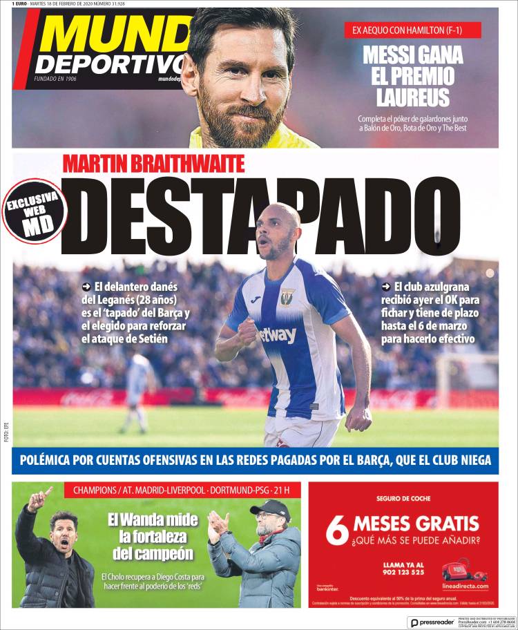 Portadas diarios deportivos en el mundo del 18 de febrero de 2020
