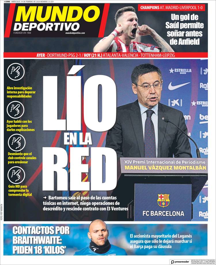 Portadas diarios deportivos en el mundo del 19 de febrero de 2020