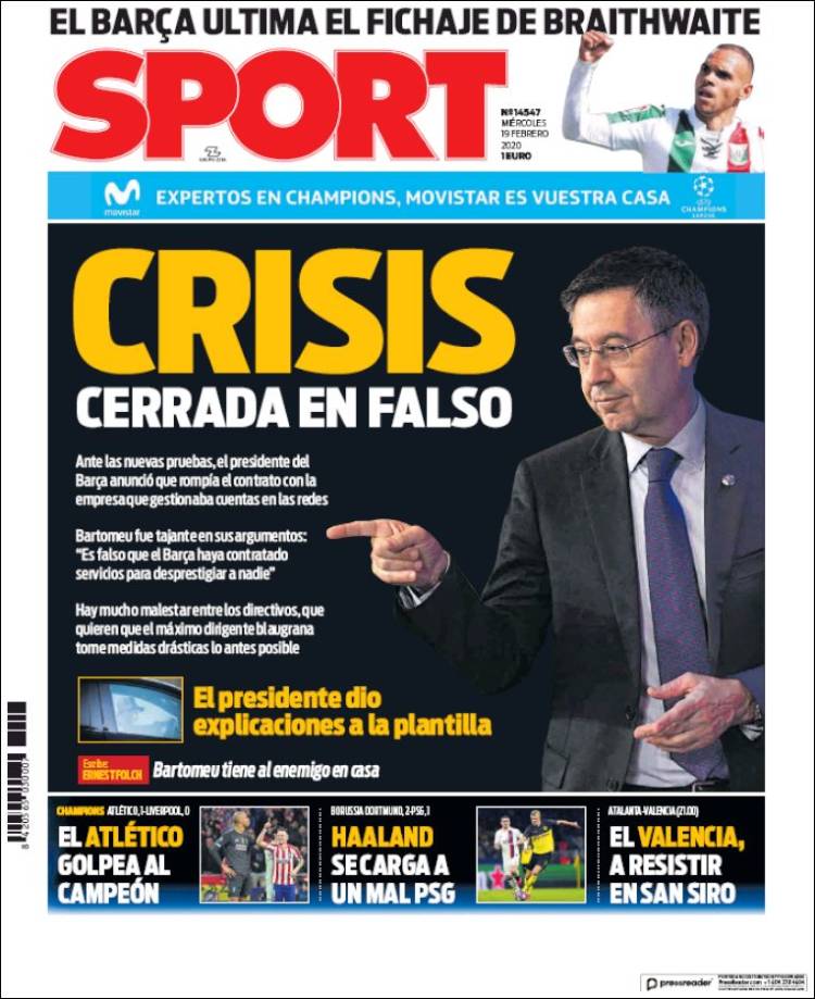 Portadas diarios deportivos en el mundo del 19 de febrero de 2020