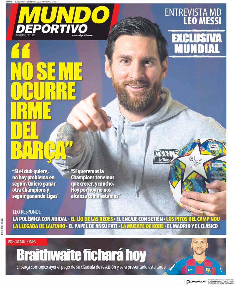 Portadas diarios deportivos en el mundo del 20 de febrero de 2020