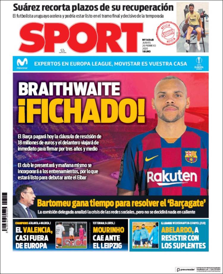 Portadas diarios deportivos en el mundo del 20 de febrero de 2020