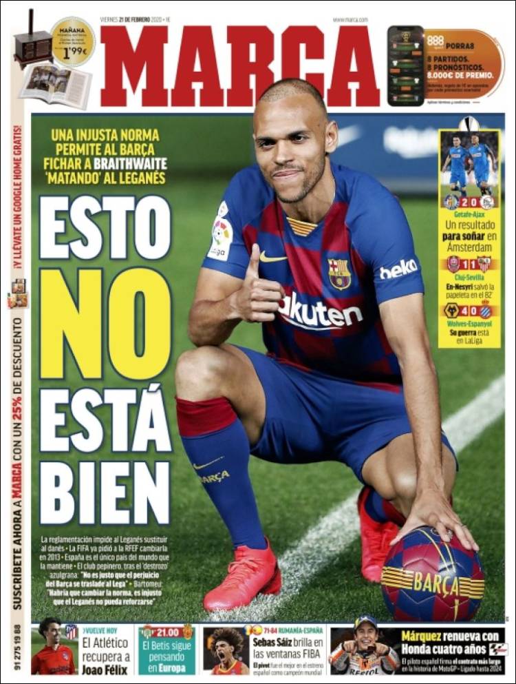 Portadas diarios deportivos en el mundo del 21 de febrero de 2020