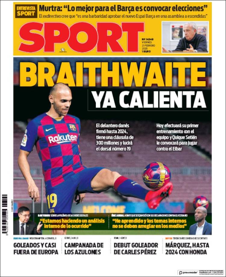 Portadas diarios deportivos en el mundo del 21 de febrero de 2020