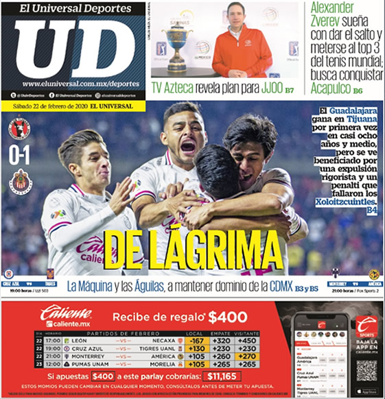 Portadas diarios deportivos en el mundo del 22 de febrero de 2020