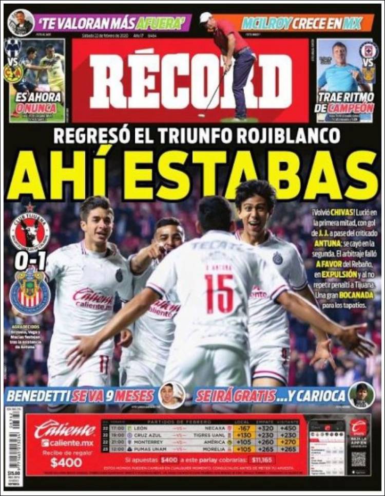 Portadas diarios deportivos en el mundo del 22 de febrero de 2020