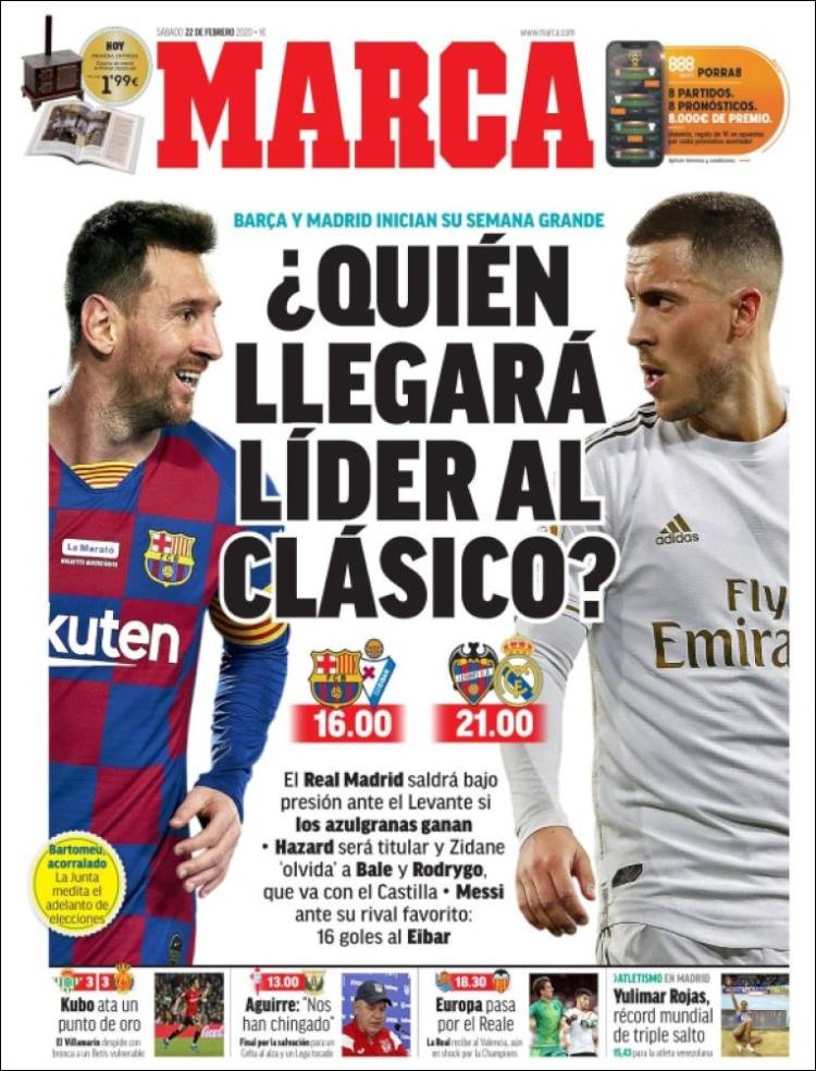 Portadas diarios deportivos en el mundo del 22 de febrero de 2020