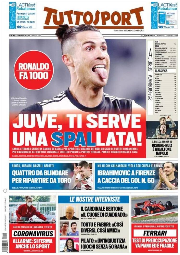 Portadas diarios deportivos en el mundo del 22 de febrero de 2020