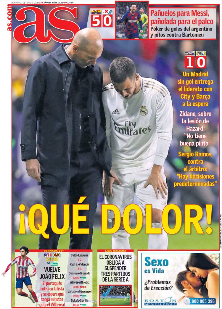 Portadas diarios deportivos en el mundo del 23 de febrero de 2020