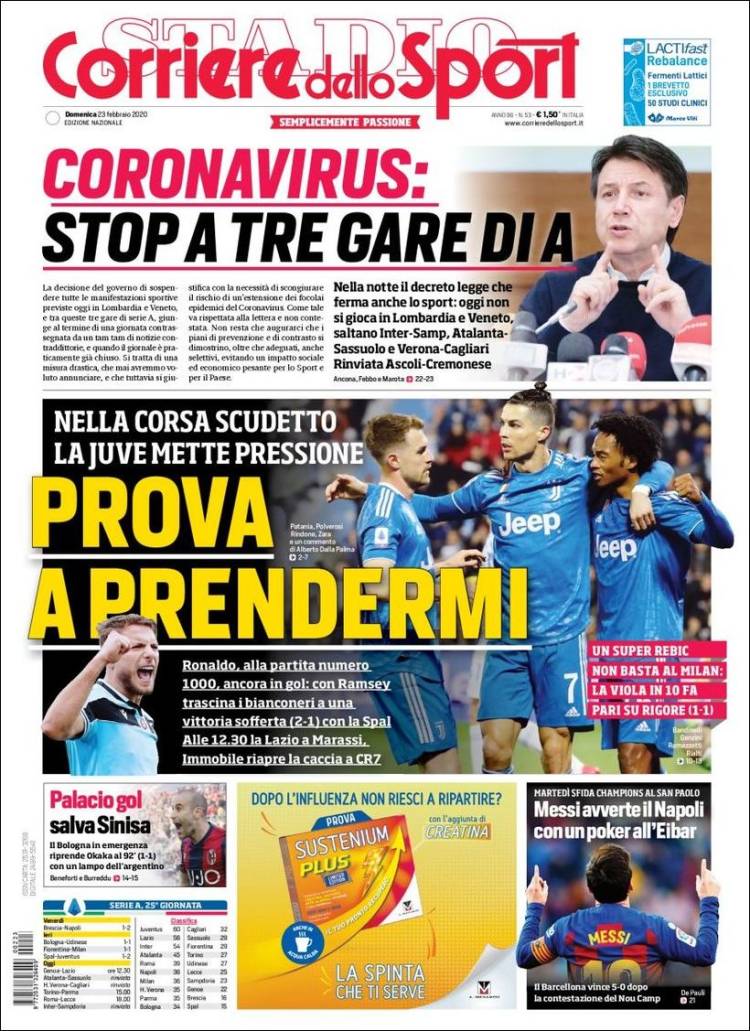 Portadas diarios deportivos en el mundo del 23 de febrero de 2020