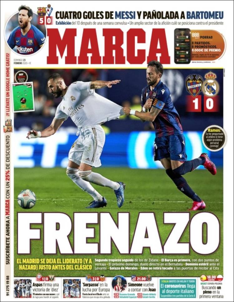 Portadas diarios deportivos en el mundo del 23 de febrero de 2020