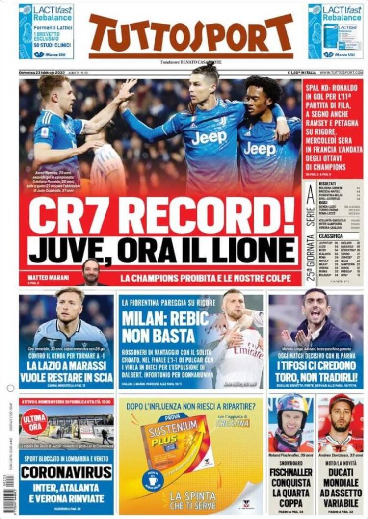 Portadas diarios deportivos en el mundo del 23 de febrero de 2020
