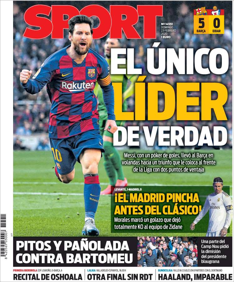 Portadas diarios deportivos en el mundo del 23 de febrero de 2020