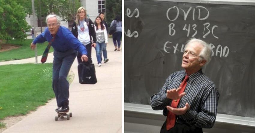 El profesor en patineta es el Dr. Thomas Winter, quien en los 90 así se movía en la Universidad de Nebraska.