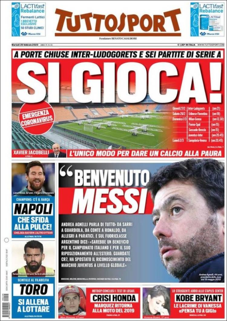 Noticias deportivas en los periódicos del mundo (25-febrero-2020)