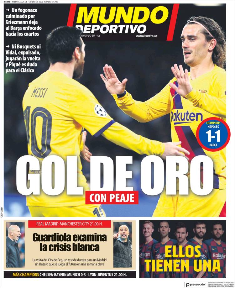 Noticias deportivas en los periódicos del mundo (26-febrero-2020)