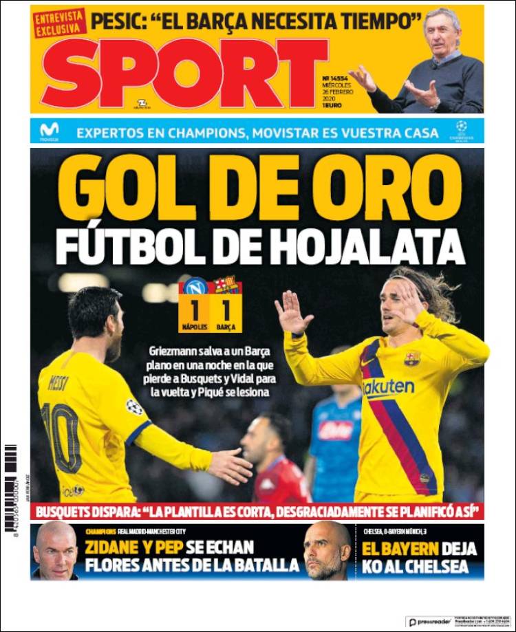 Noticias deportivas en los periódicos del mundo (26-febrero-2020)