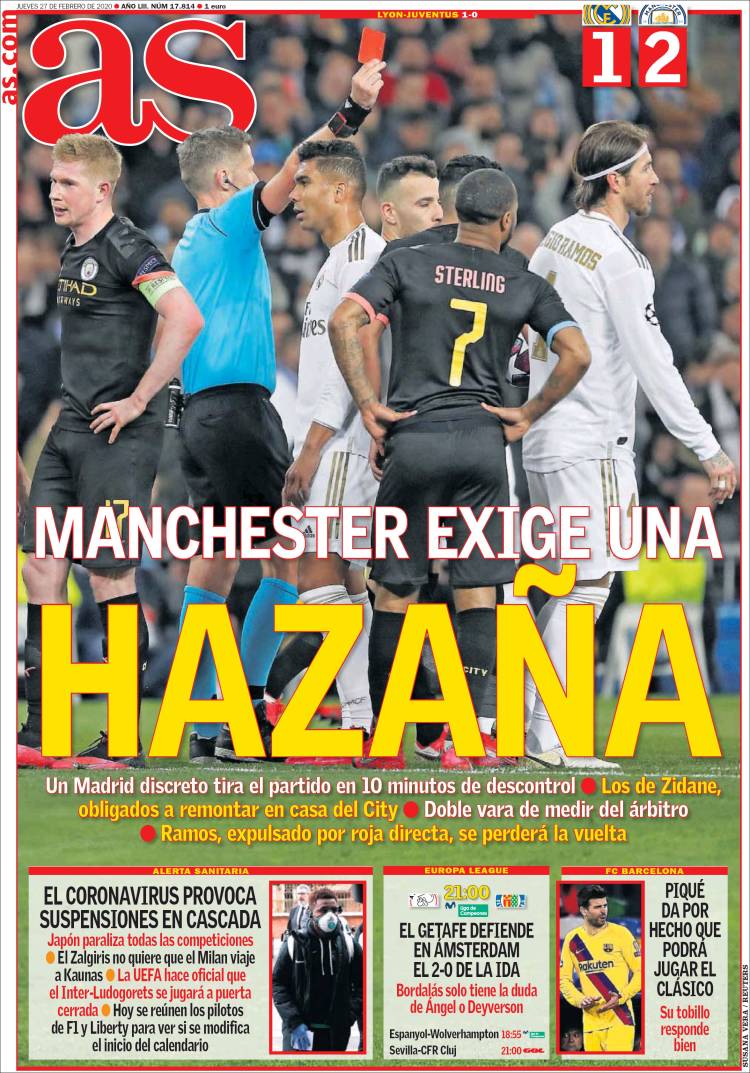 Noticias deportivas en los periódicos del mundo (27-febrero-2020)