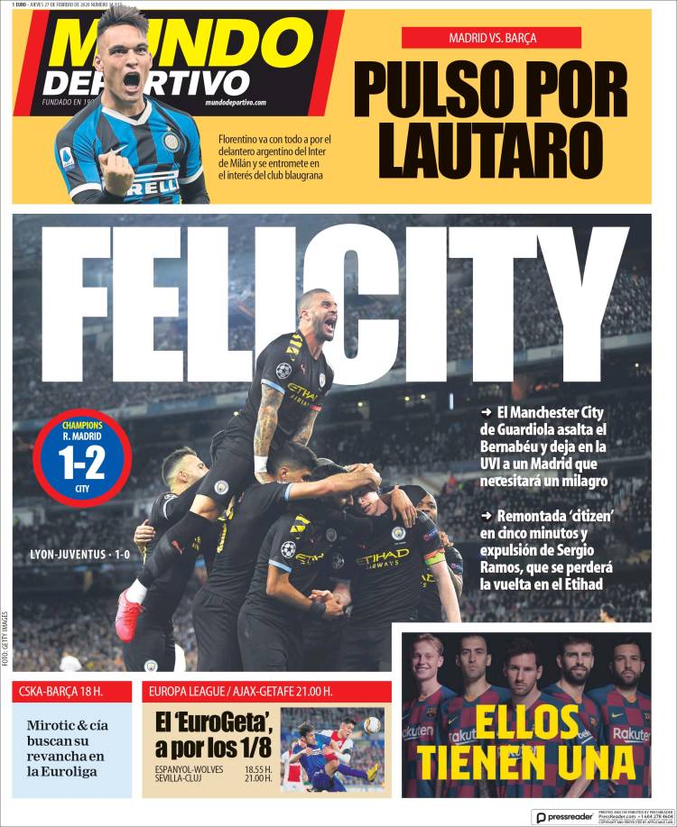 Noticias deportivas en los periódicos del mundo (27-febrero-2020)