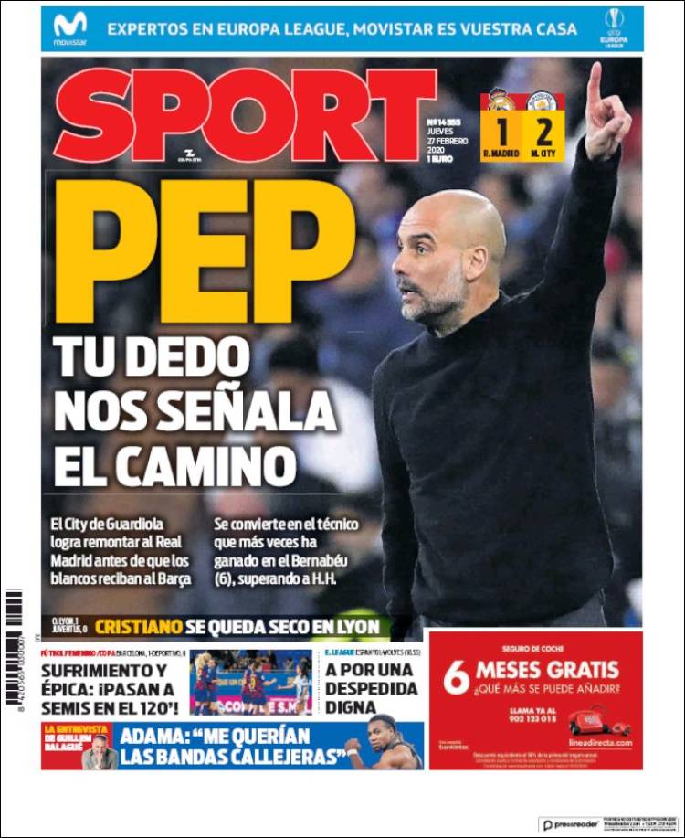 Noticias deportivas en los periódicos del mundo (27-febrero-2020)