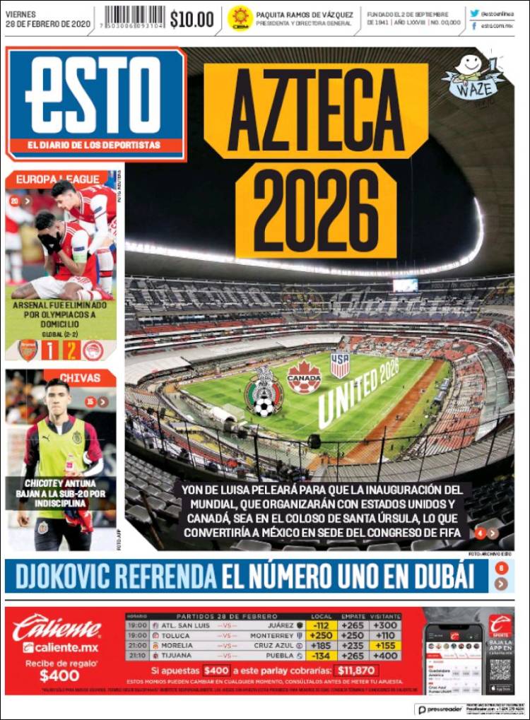 Noticias deportivas en los periódicos del mundo (28-febrero-2020)