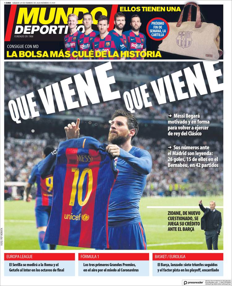 Noticias deportivas en los periódicos del mundo (29-febrero-2020)