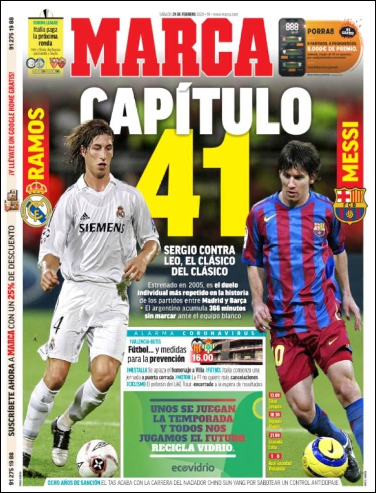 Noticias deportivas en los periódicos del mundo (29-febrero-2020)
