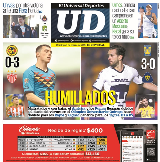 Noticias deportivas en los periódicos del mundo (01-marzo-2020)