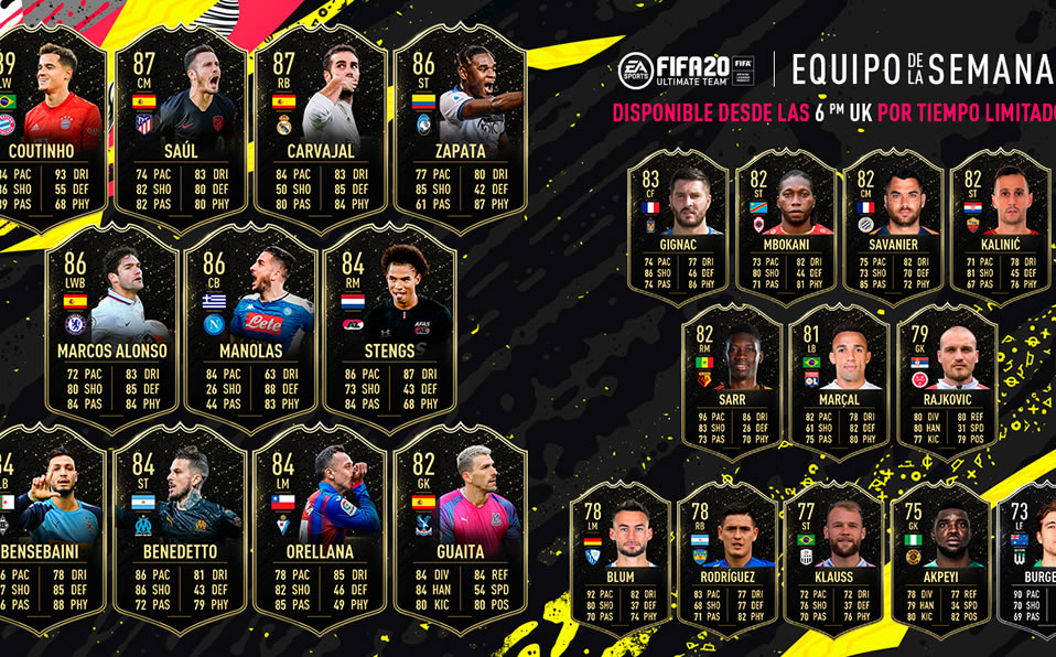 Gignac, junto a los demás jugadores elegidos al equipo de la semana del FIFA 20. Foto. EASports