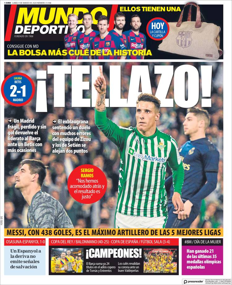 Noticias deportivas en los periódicos del mundo del 9 de marzo de 2020