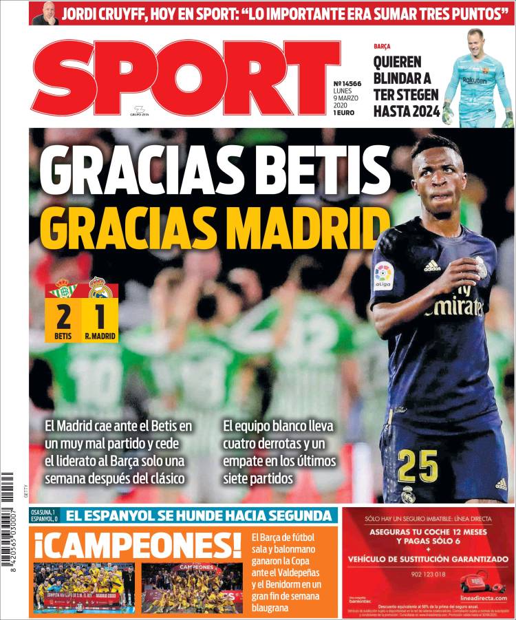 Noticias deportivas en los periódicos del mundo del 9 de marzo de 2020