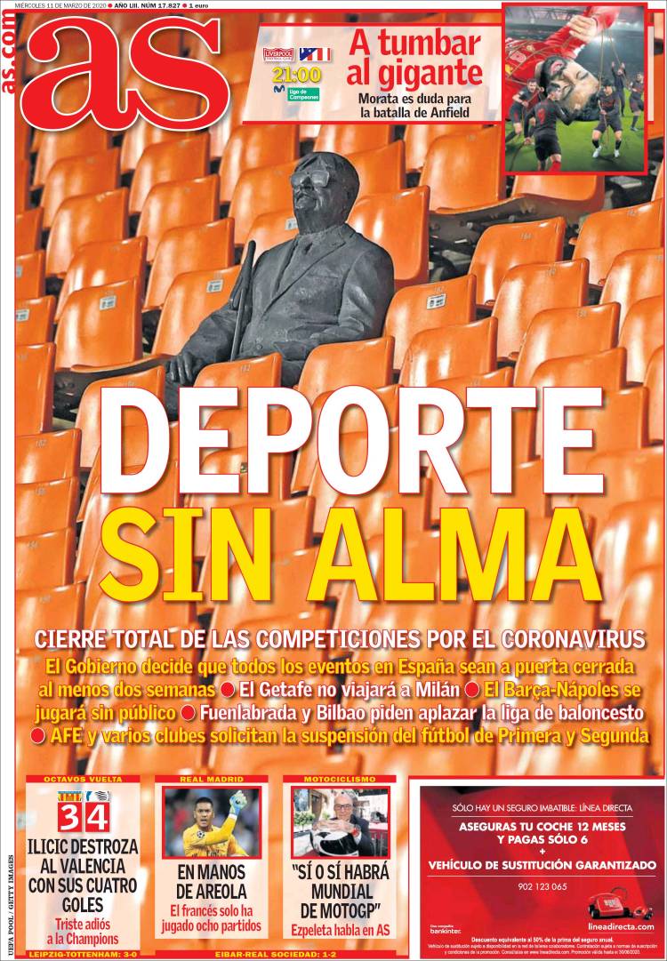 Noticias deportivas en los periódicos del mundo de 11 de marzo de 2020