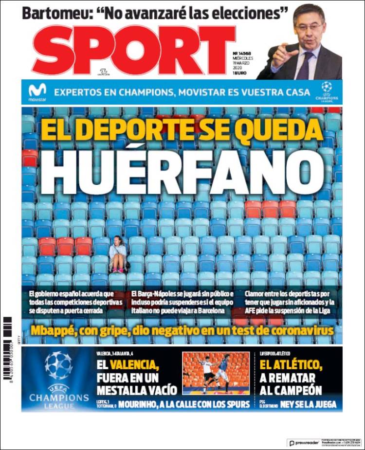 Noticias deportivas en los periódicos del mundo de 11 de marzo de 2020