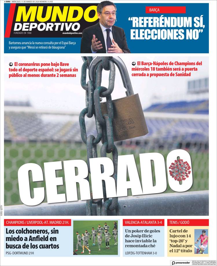 Noticias deportivas en los periódicos del mundo de 11 de marzo de 2020